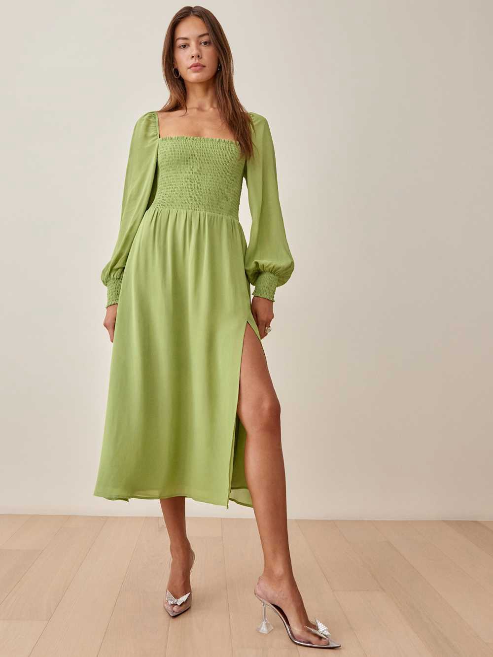 Reformation Cello Dress In Crocodile Green Small Fully Smocked Long Sleeve Nwot